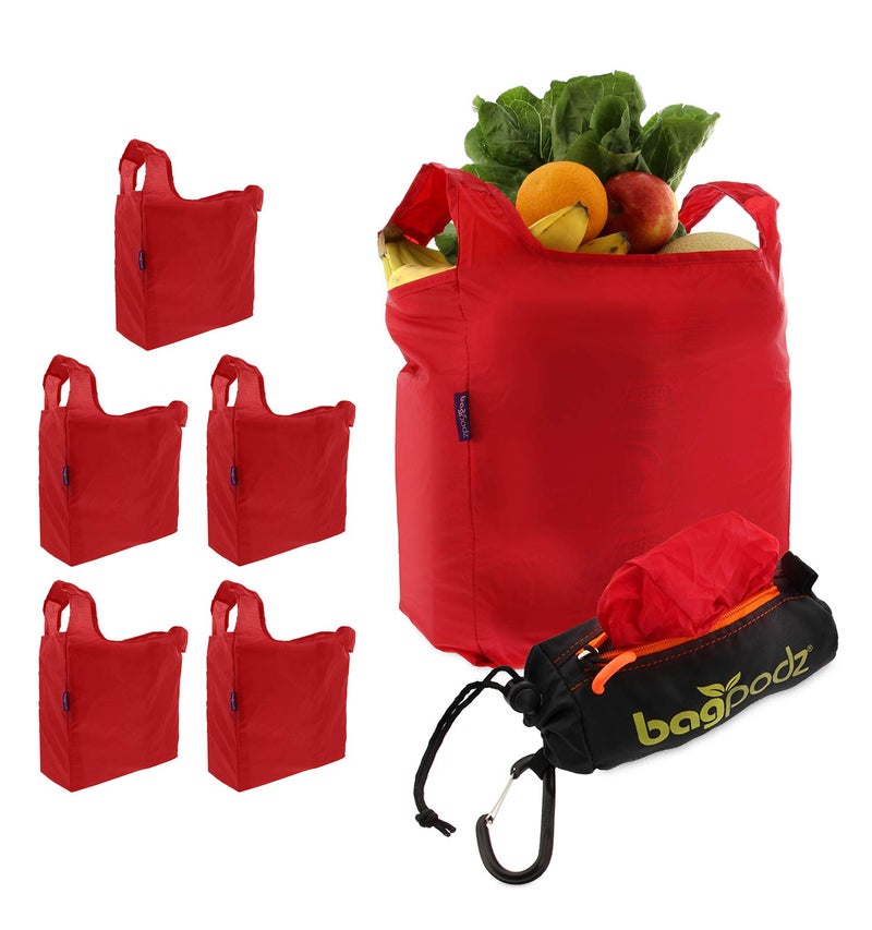 BagPodz Sturdy Reusable Grocery Bags Foldable and Washable - Made From RipStop Nylon Hold 50lbs - Designed in USA Reusable Shopping Bags Inside a Compact Pod with Carry Clip - 5 Pack in Red - Image 1
